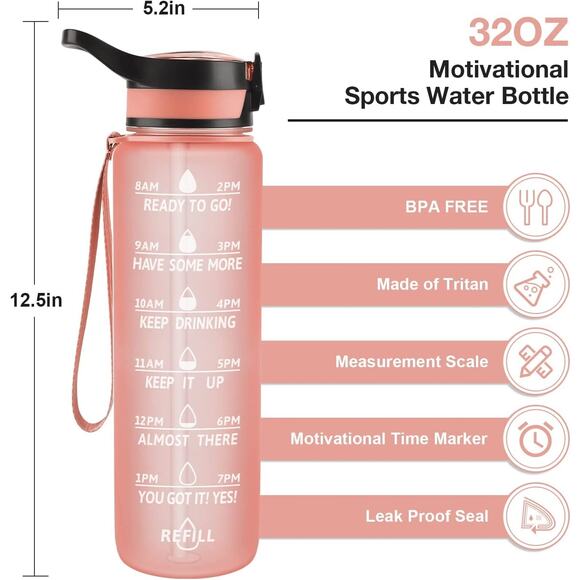 NEW Paser Rose-Gold One-Step 32oz Motivational Water Bottle Time Marker - Picture 1 of 12